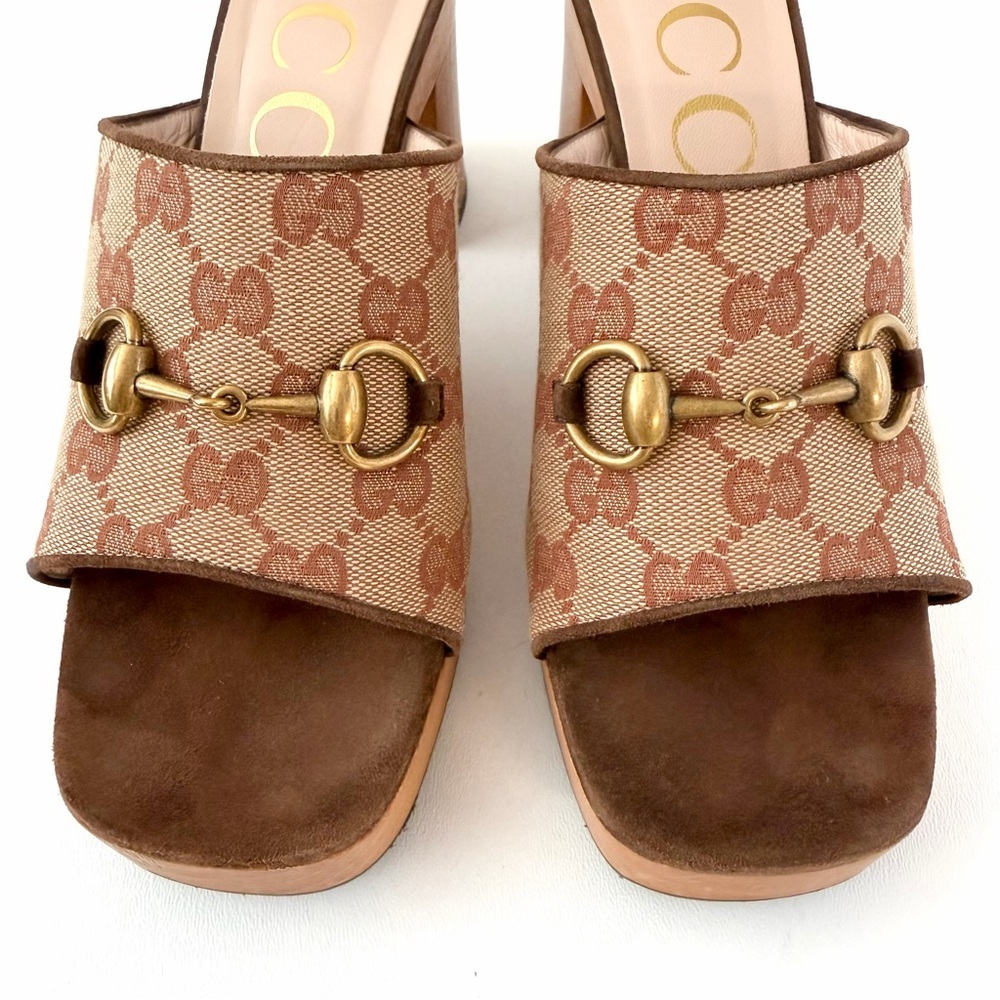 GUCCI || GG Canvas Horsebit Platform Mule Sandals EU 38 Brown Wood Heel - Picture 3 of 12